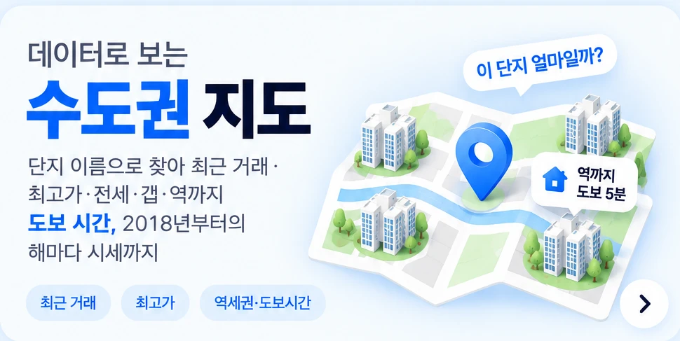 수도.zip 지도 — 단지 이름으로 찾아 최근 거래·최고가·전세·갭·역까지 도보 시간, 2018년부터의 해마다 시세까지